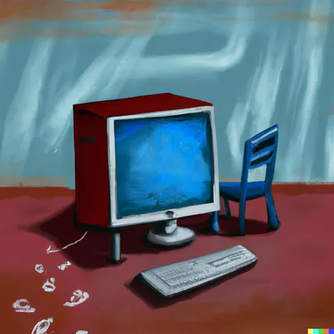 Surreal painting of an old computer monitor and keyboard