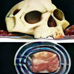 A skull beside a cut of meat, collaged in surreal color