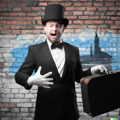 A man in a top hat and tails, mid-pitch, holding a briefcase